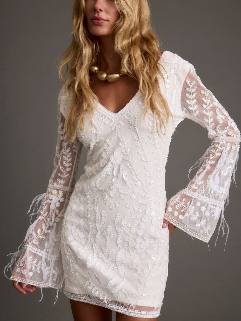 12th Tribe Larisa White Printed Sequin Long Sleeve Dress Size SS | NEVER WORN!